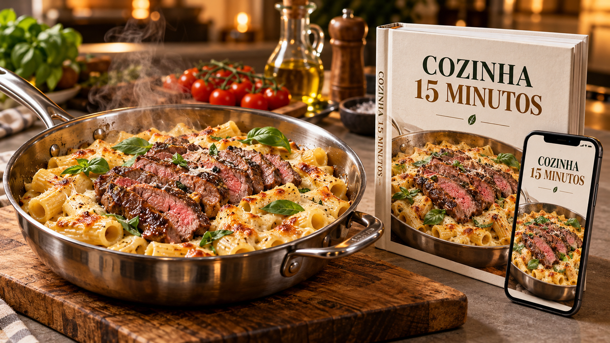 Frigideira com rigatoni e filé, ao lado do livro e da versão digital Cozinha 15 Minutos no celular.