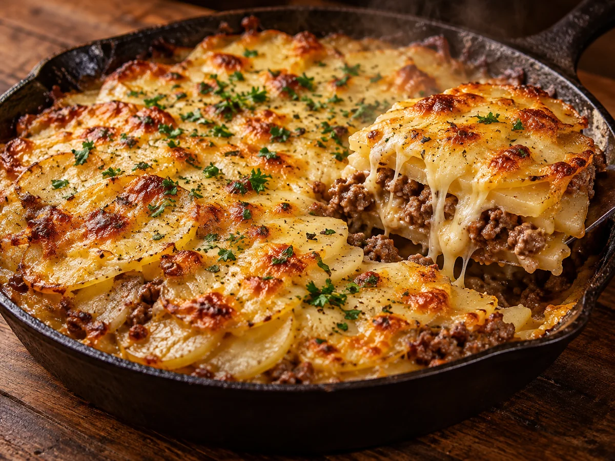 Batata Gratinada na Frigideira com Carne, preparado em uma frigideira.