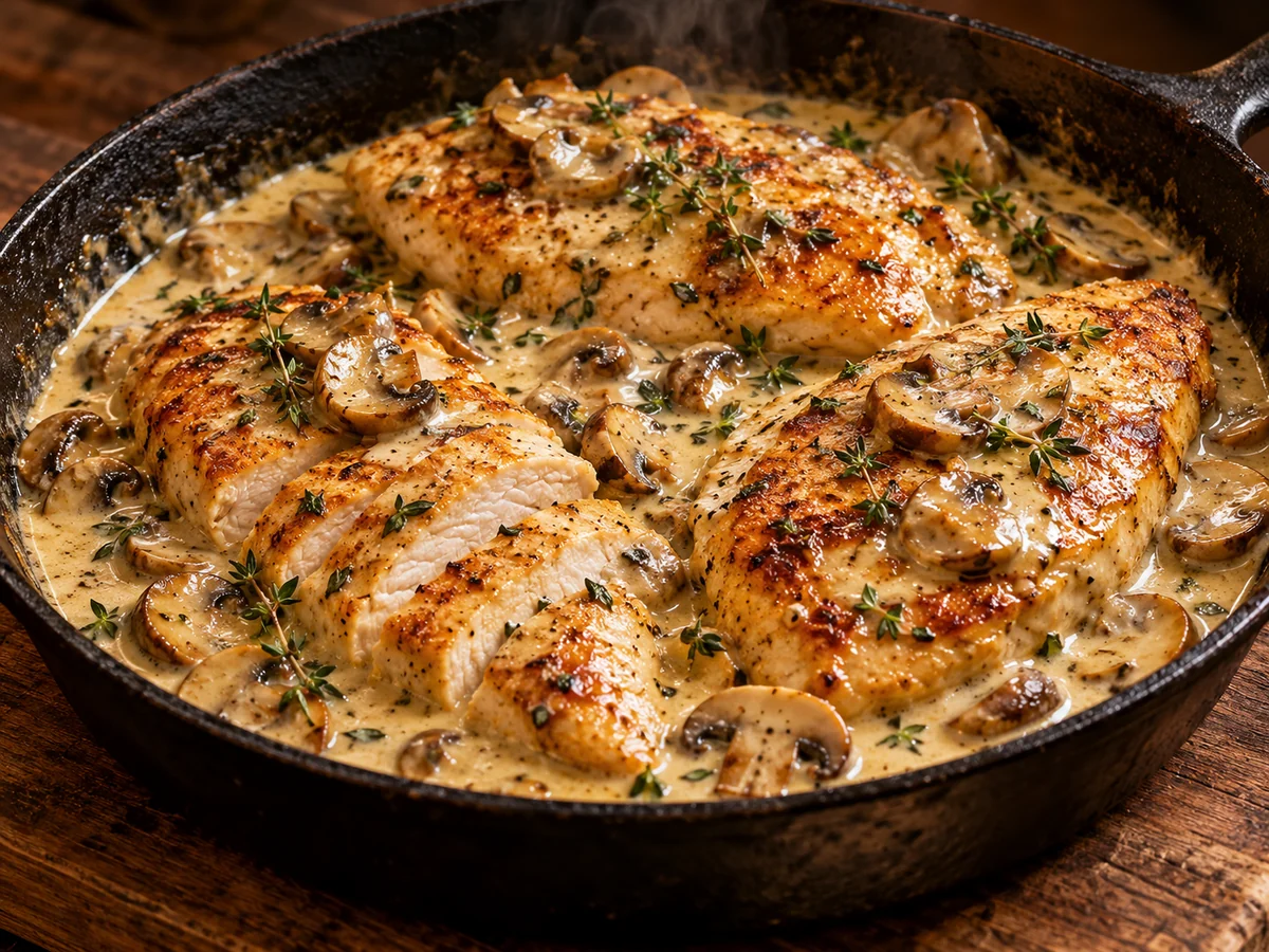 Frango Dourado ao Molho Cremoso de Bistrô, preparado em uma frigideira.