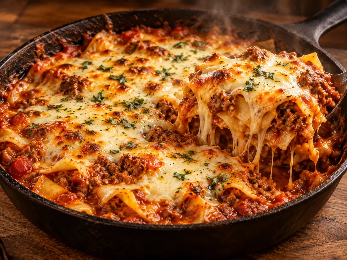 Lasanha de Frigideira à Bolonhesa Gratinada, preparado em uma frigideira.