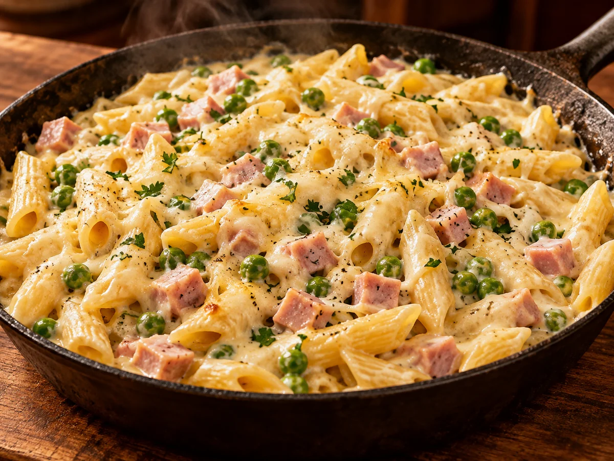 Macarrão Parisiense Cremoso de 10 Minutos, preparado em uma frigideira.