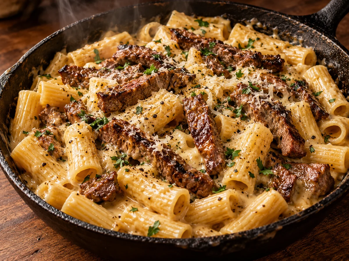Rigatoni Cremoso com Tiras de Carne Dourada, preparado em uma frigideira.